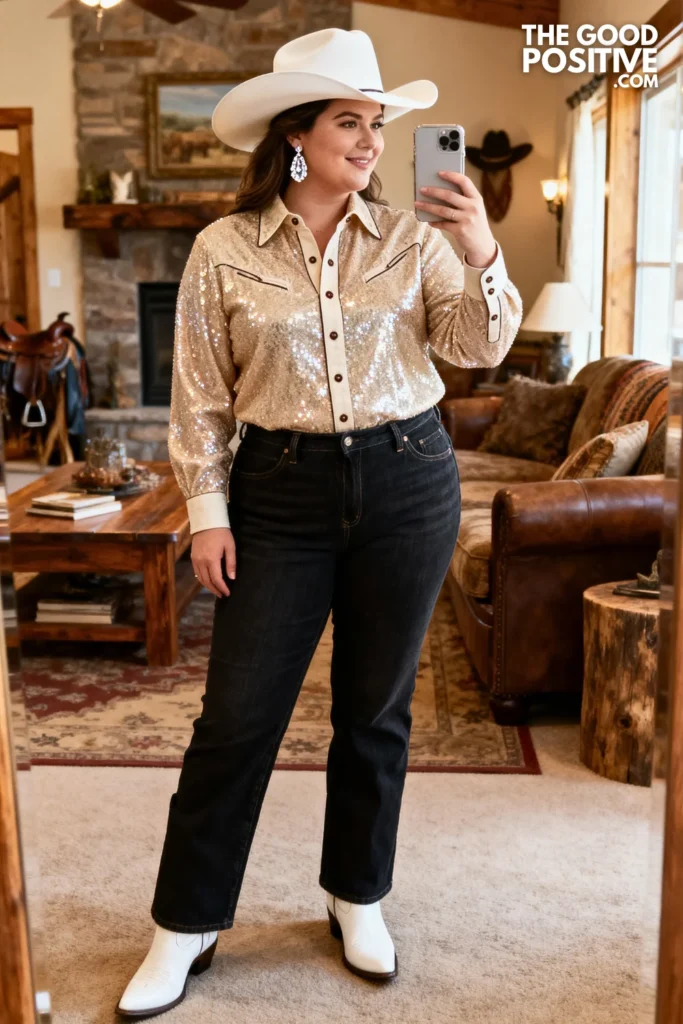 Plus Size Sequin Western Shirt With Dark Wash Bootcut Jeans And White Cowgirl Boots Outfit