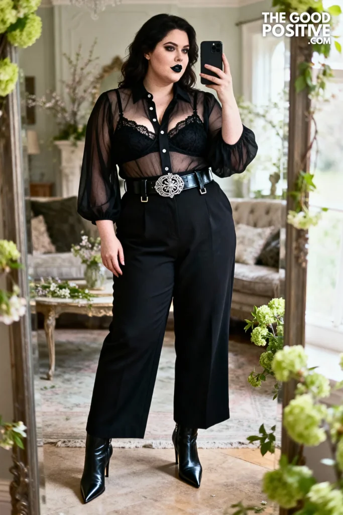 Plus Size Sheer Black Blouse with Lace Bralette and Wide-Leg Trousers Outfit