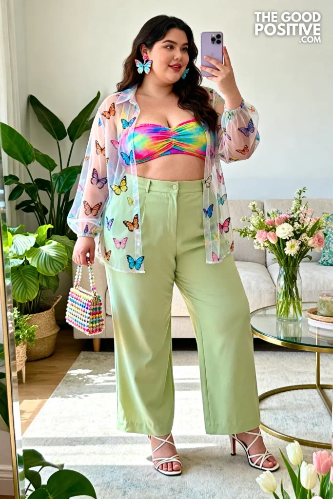Plus Size Sheer Butterfly Print Top and Wide-Leg Trouser Festival Outfit