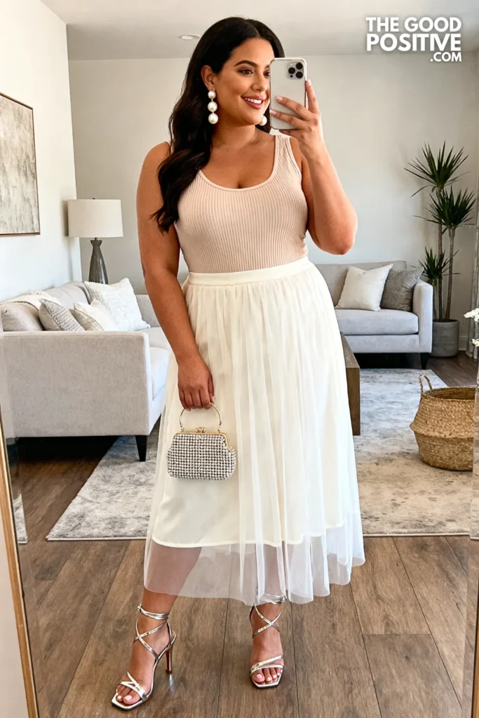 Plus Size Sheer Overlay Midi Skirt With Fitted Bodysuit Outfit