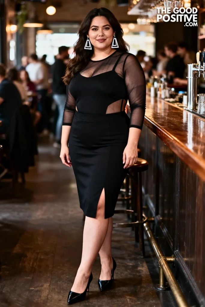 Plus Size Sheer Panel Bodysuit and Skirt Outfit