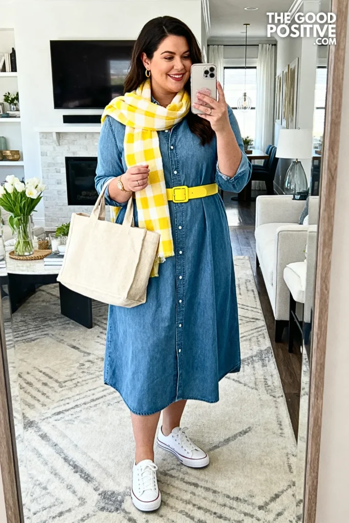 Plus Size Shirt Dress with Contrast Belt Outfit