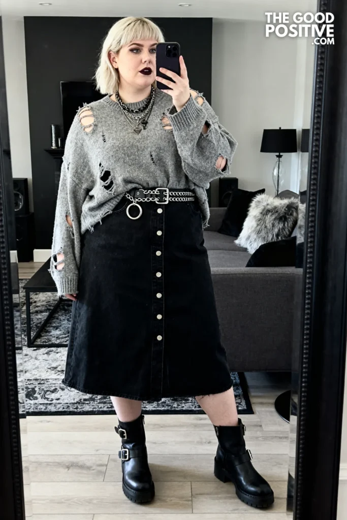 Plus Size Shredded Sweater and Black Denim Skirt with Chain Belt Outfit
