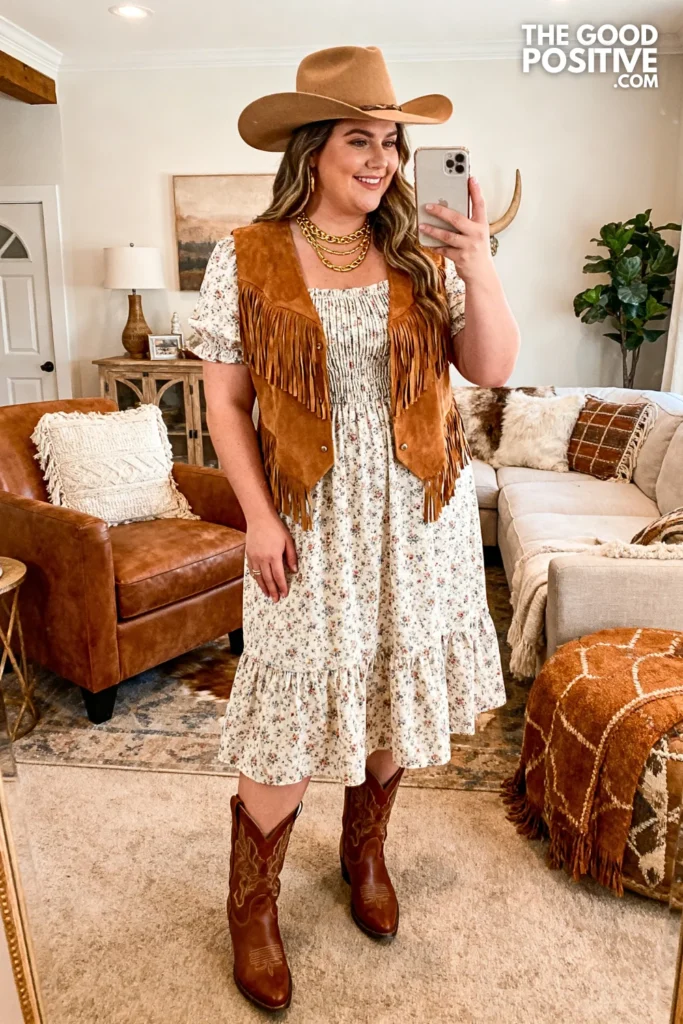 Plus Size Smocked Bodice Midi Dress With Fringe Vest And Brown Cowgirl Boots Outfit