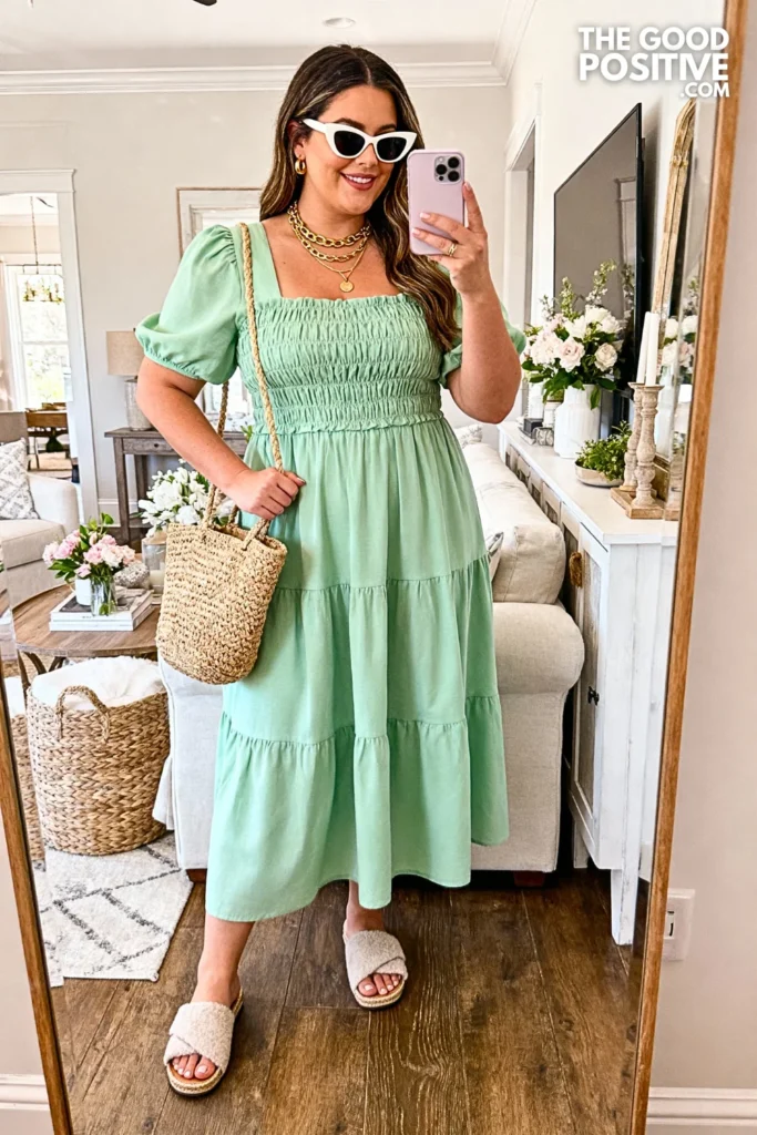 Plus Size Smocked Bodice Sundress with Puff Sleeves