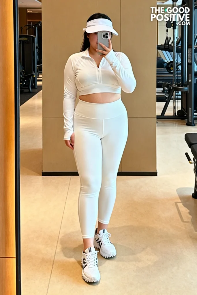 Plus Size Soft White Modest Long Sleeve Swim-Inspired Workout Set Outfit