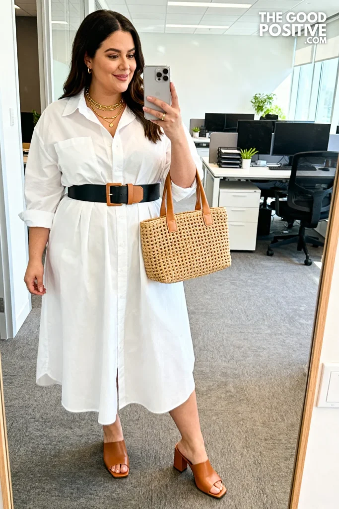 Plus Size Soft White Oversized Shirt Dress Belted At The Waist Outfit