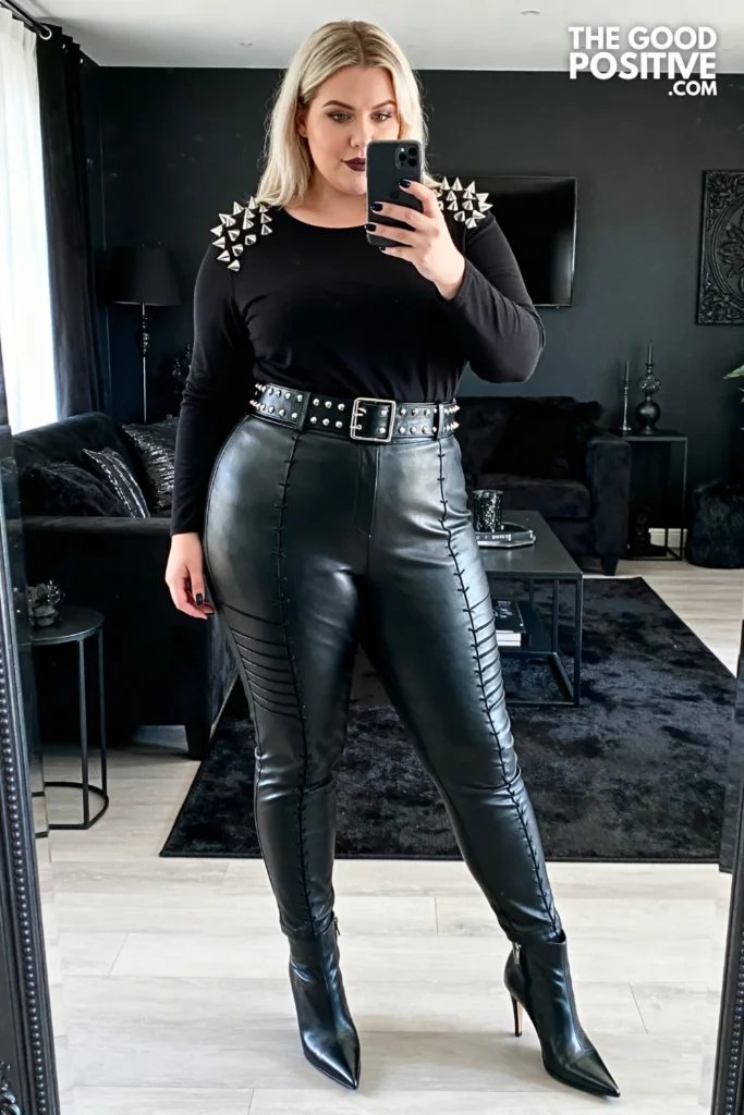 Plus Size Spiked Shoulder Top and Faux Leather Leggings Outfit