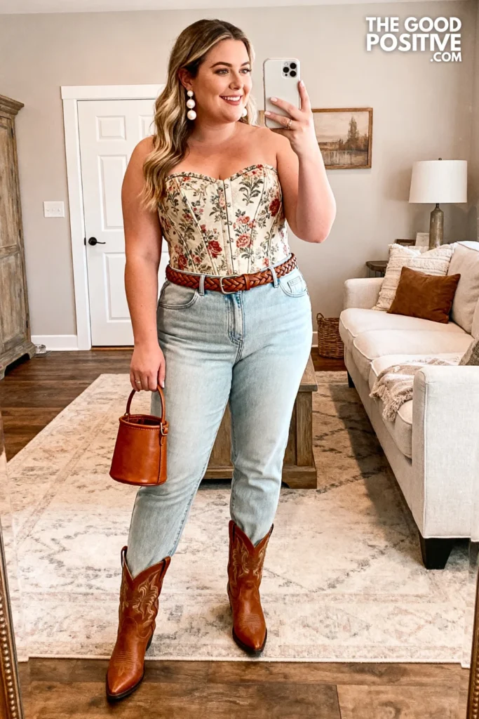 Plus Size Spring Rodeo Floral Brocade Corset Top & Straight-Leg Jean Outfit