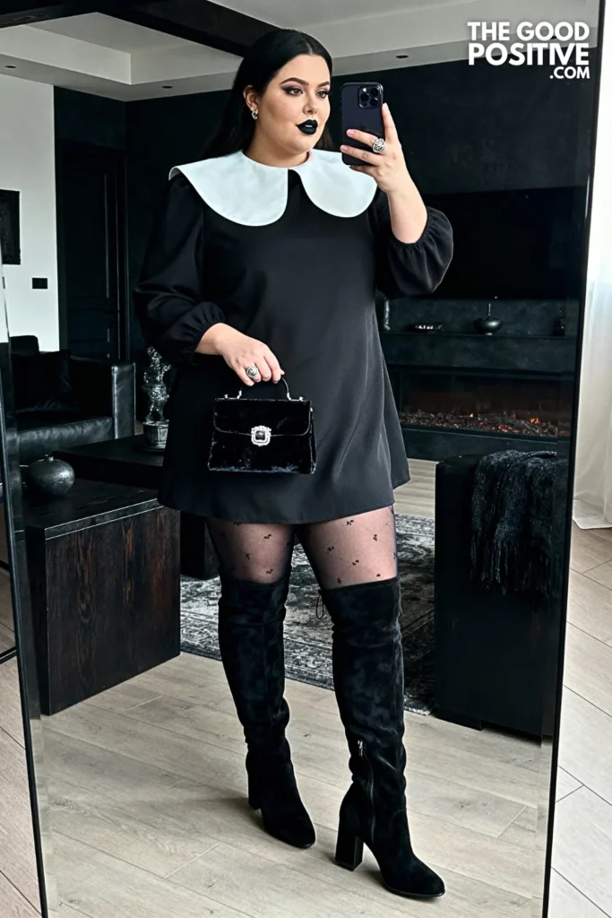 Plus Size Statement Collar Dress with Thigh-High Boots Outfit