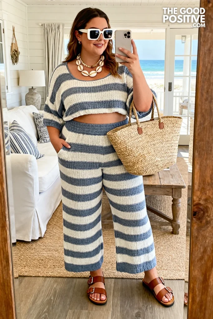 Plus Size Striped Knit Co-Ord Set With Wide Crop Top Beach Holiday Outfit