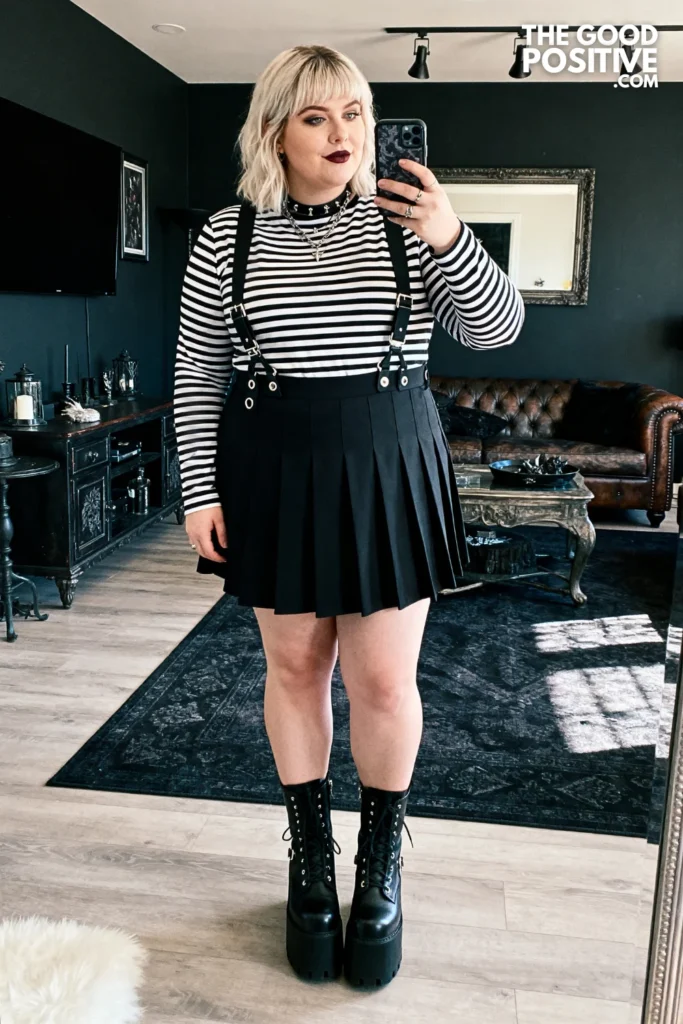 Plus Size Striped Long Sleeve and Pleated Skirt with Suspenders Outfit