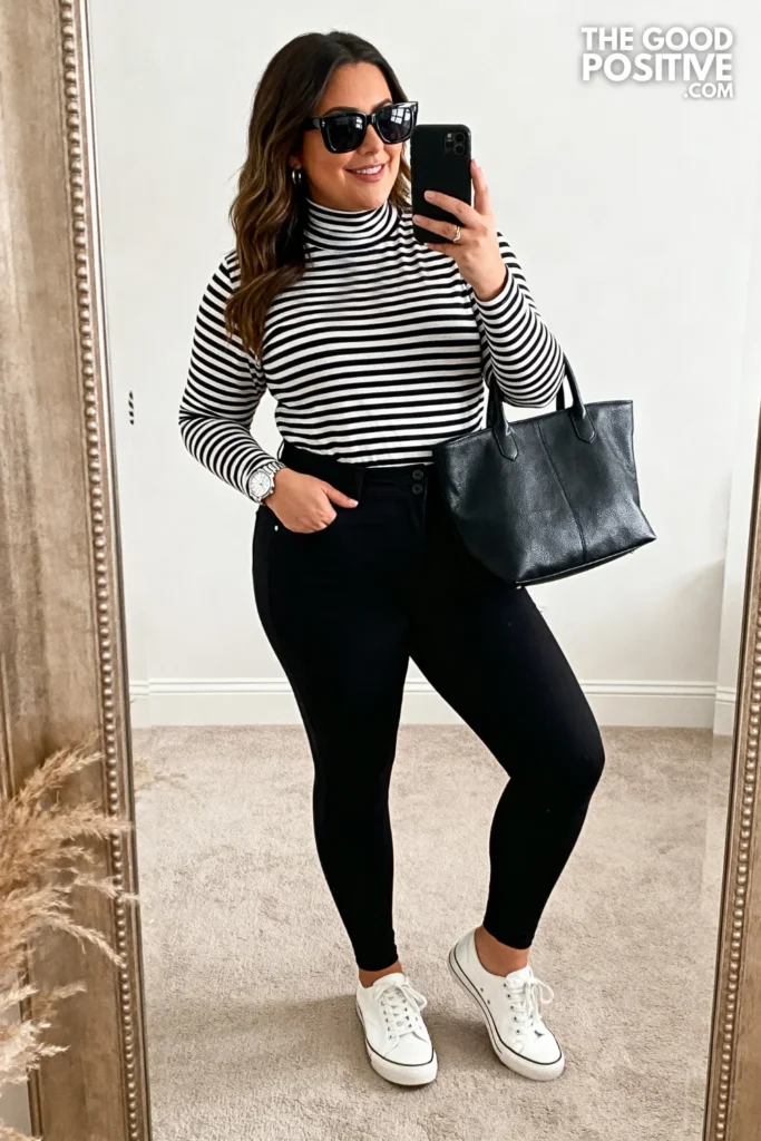 Plus Size Striped Turtleneck and Leggings Outfit