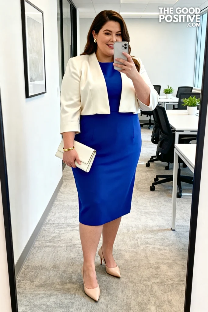 Plus Size Structured Sheath Dress With Collarless Jacket Interview Outfit