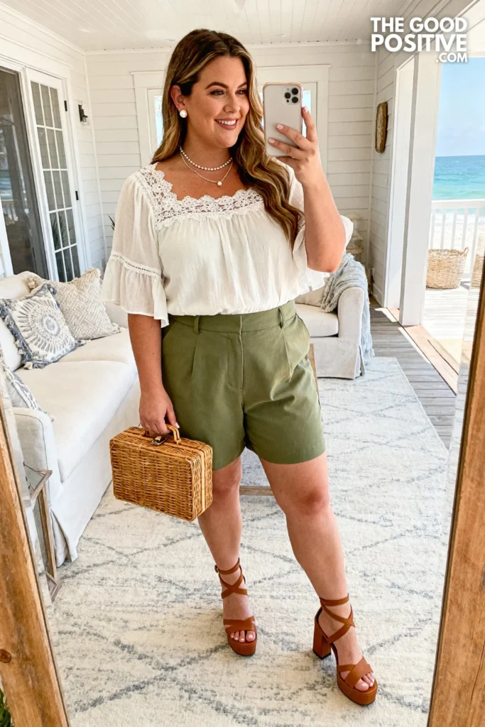 Plus Size Tailored Bermuda Shorts With Lace Trim Blouse Brunch Outfit