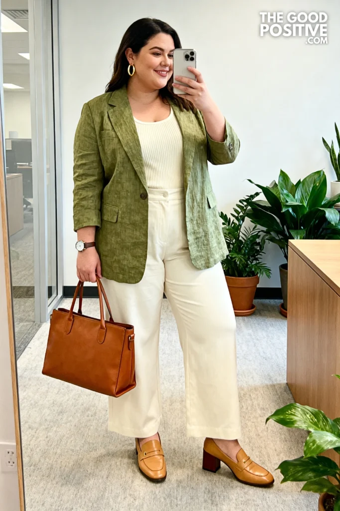 Plus Size Tailored Linen Blazer With Wide-Leg Trousers Office Outfit