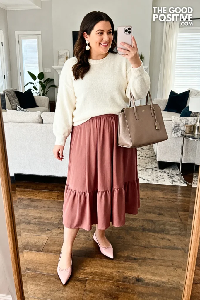 Plus Size Tea-Length Skirt with Tucked Sweater Outfit