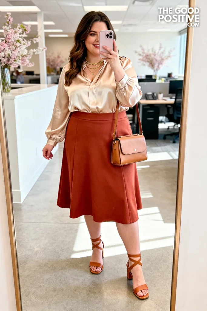 Plus Size Terracotta High-Waist A-Line Skirt With Silk Blouse Outfit