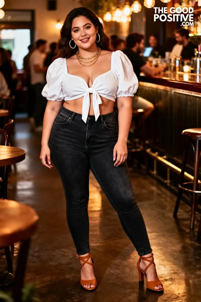 Plus Size Tie-Front Crop Top and High-Waisted Jeans Outfit