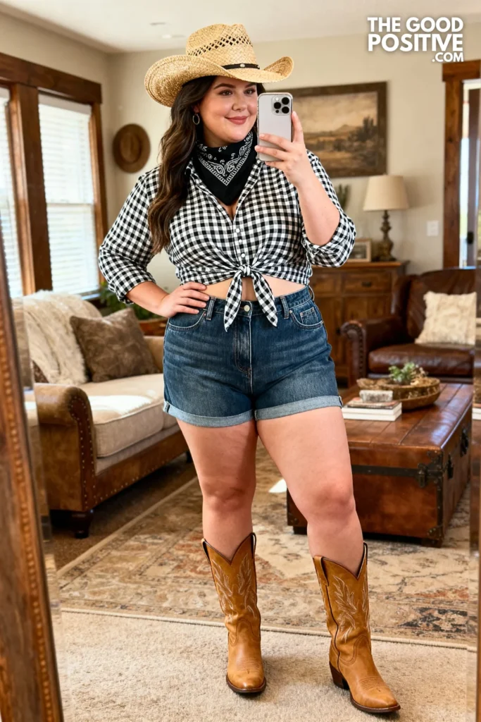 Plus Size Tie-Front Gingham Shirt With High-Waist Shorts And Tan Cowgirl Boots Outfit