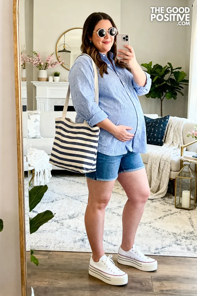 Plus Size Tie-Front Gingham Shirt and Maternity Denim Shorts Outfit