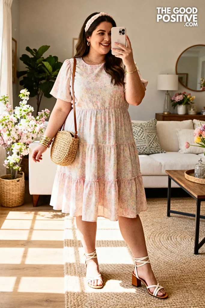 Plus Size Tiered Hem Dress with Cap Sleeves