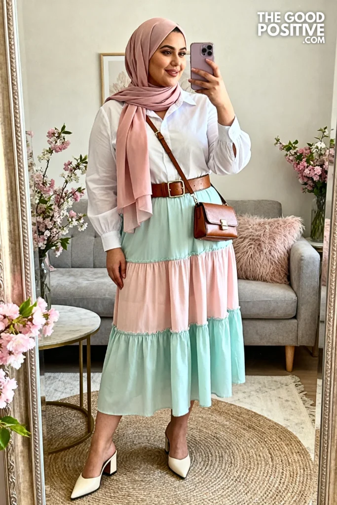 Plus Size Tiered Midi Skirt with Tucked Blouse Outfit