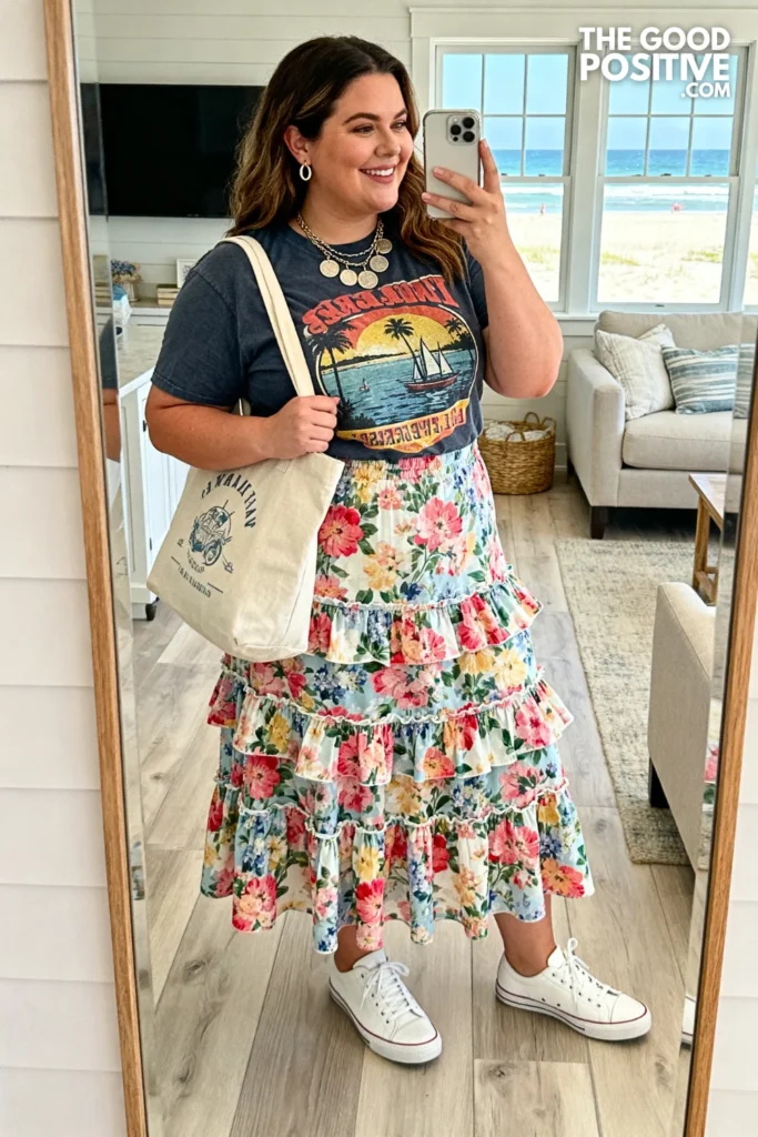 Plus Size Tiered Ruffle Maxi Skirt With Fitted Graphic Tee Casual Outfit