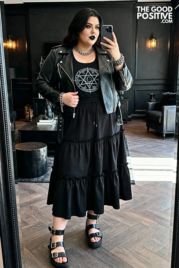 Plus Size Tiered Ruffle Skirt with Graphic Tank and Leather Jacket Outfit