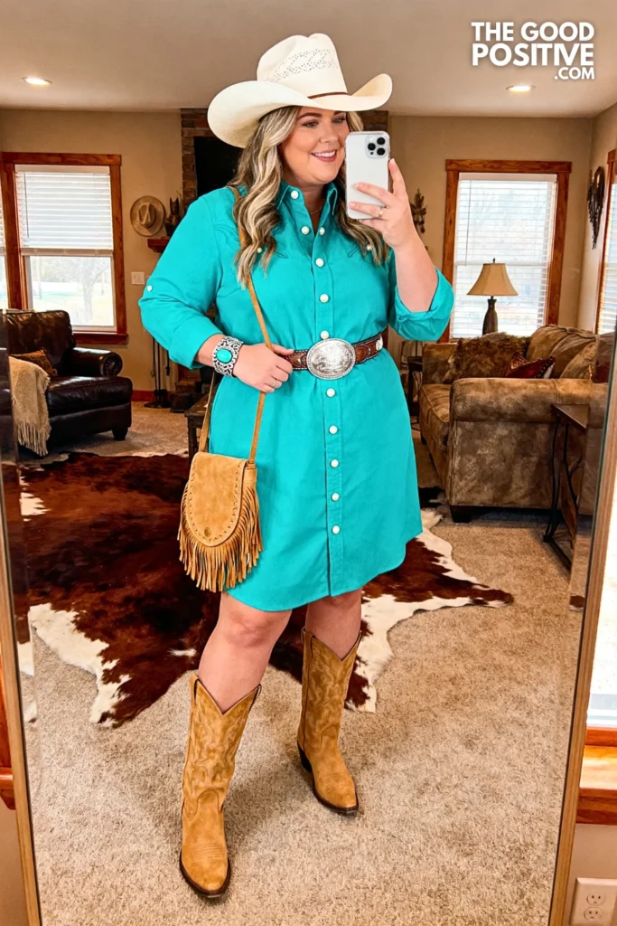 Plus Size Turquoise Statement Western Shirt Dress & Silver Concho Belt Outfit