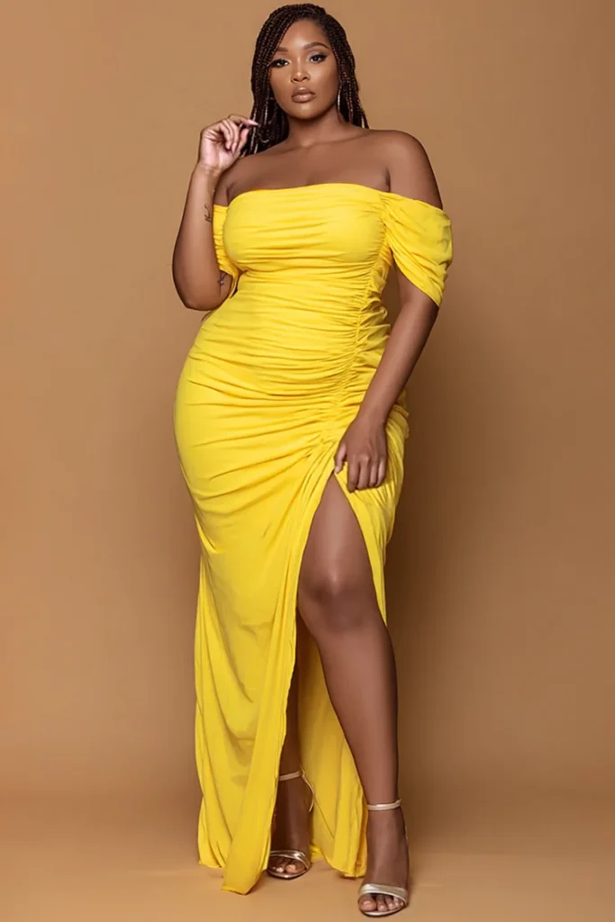 Plus Size Vacation Yellow Off The Shoulder Short Sleeve Split Fold Maxi Dress