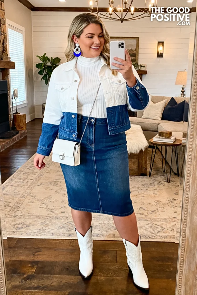 Plus Size Vaquera-Style Color-Block Denim Jacket & Denim Pencil Midi Skirt Outfit