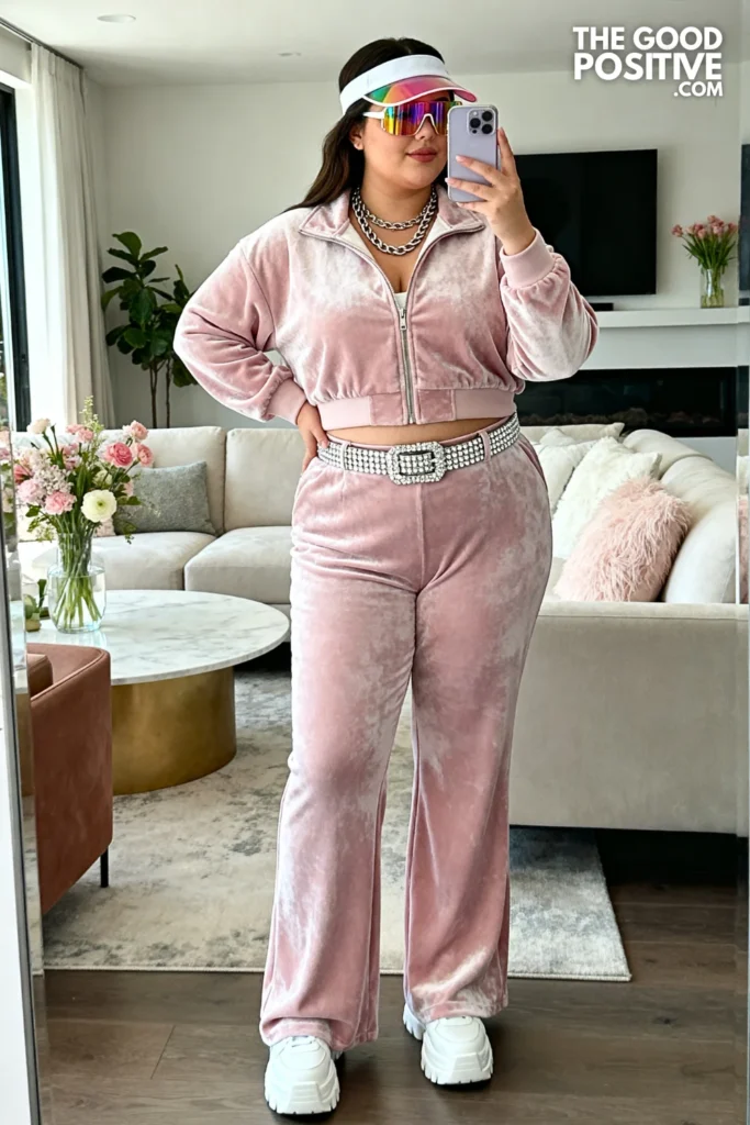 Plus Size Velour Tracksuit with Rhinestone Embellishments Streetwear Outfit