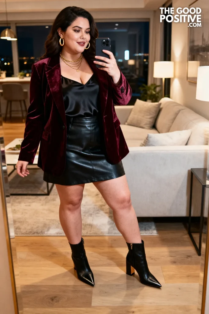 Plus Size Velvet Blazer and Leather Mini Skirt Outfit