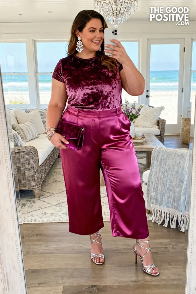 Plus Size Velvet Burnout Party Top With Wide-Leg Satin Trousers Evening Outfit