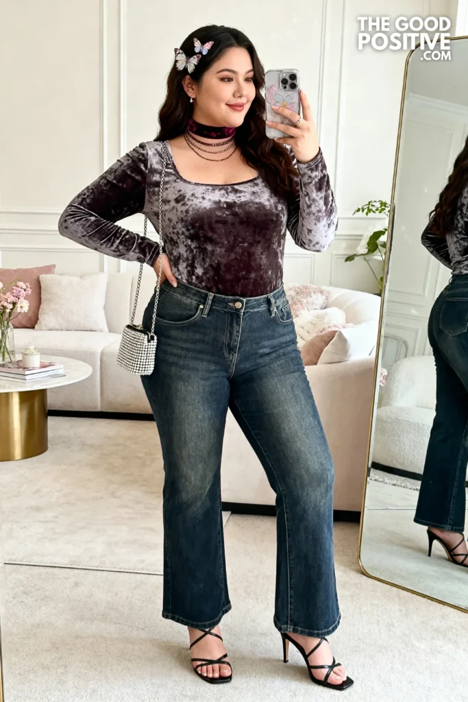 Plus Size Velvet Burnout Top and Low-Rise Wide-Leg Jeans Y2k Outfit