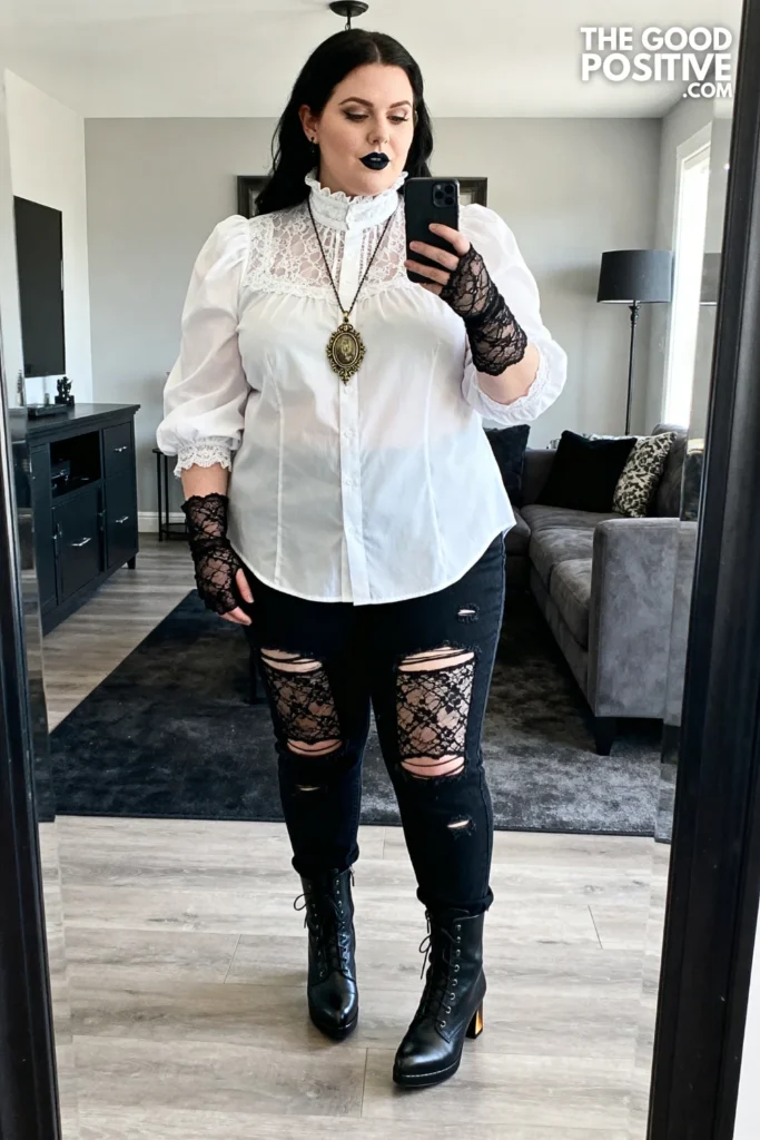 Plus Size Victorian Blouse and Ripped Jeans with Lace Details Outfit