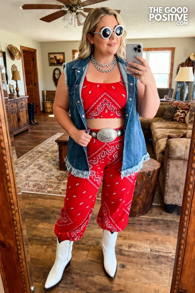 Plus Size Western Bandana Print Co-Ord Set & Raw-Hem Denim Vest Country Concert Outfit