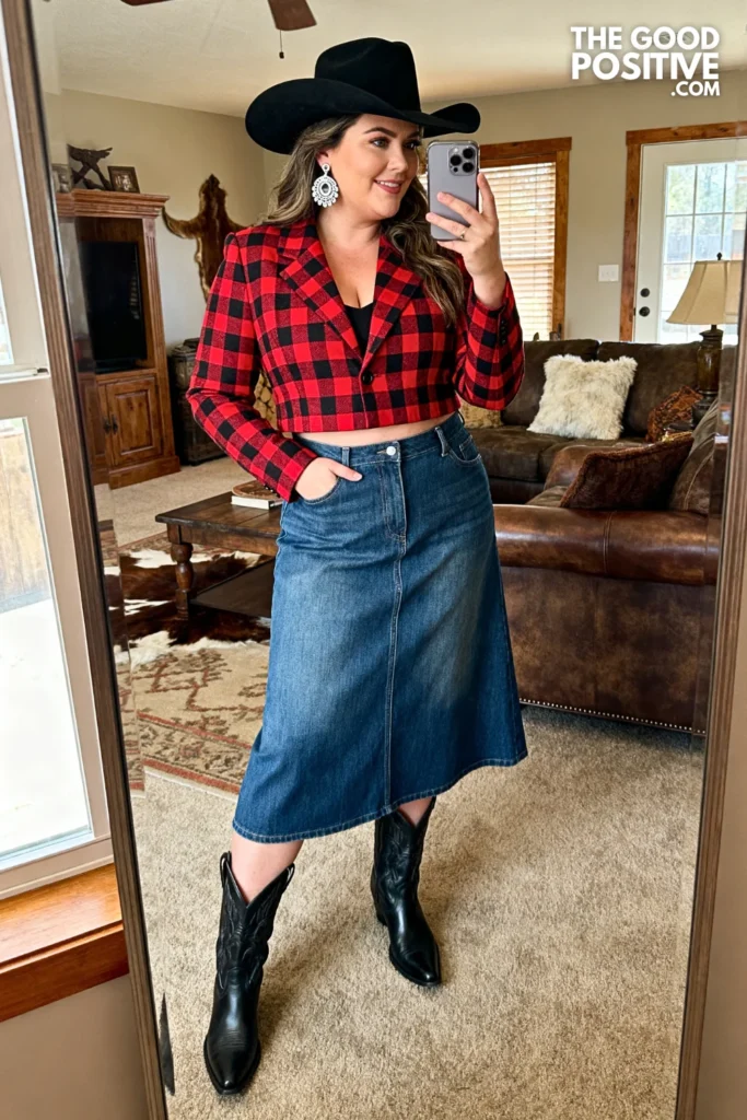 Plus Size Western Plaid Crop Blazer With Denim Midi Skirt And Black Cowgirl Boots Outfit