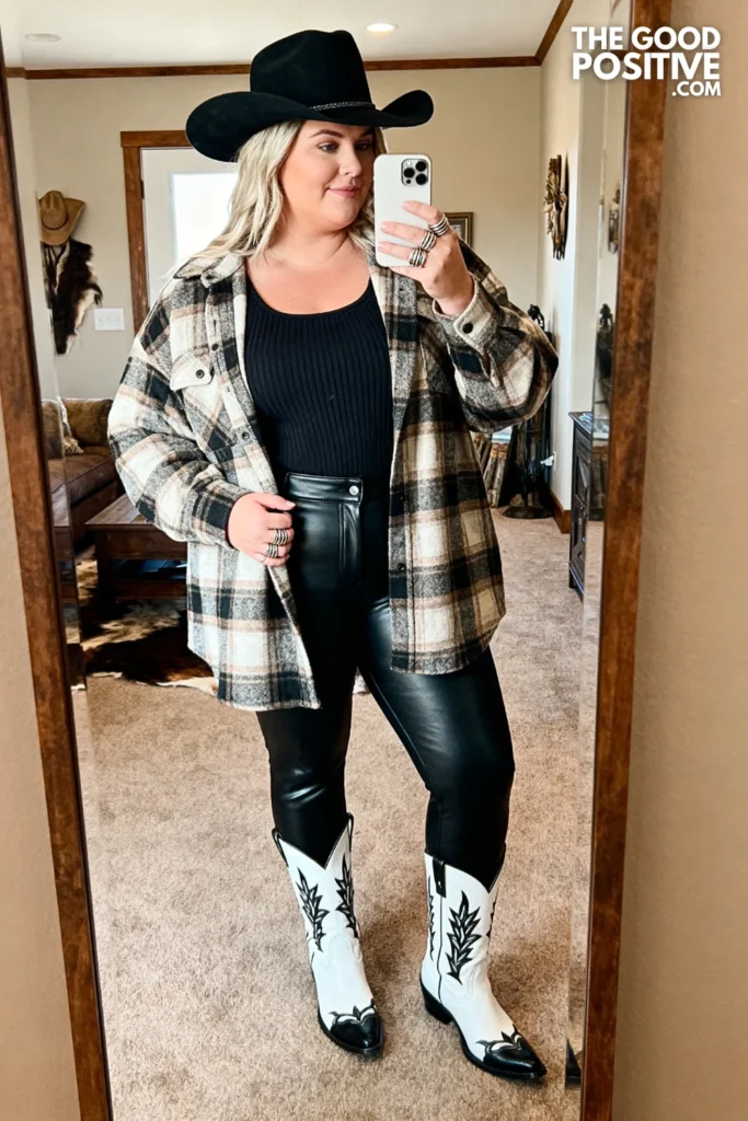 Plus Size Western Plaid Shacket & Faux-Leather Leggings Country Spring Outfit