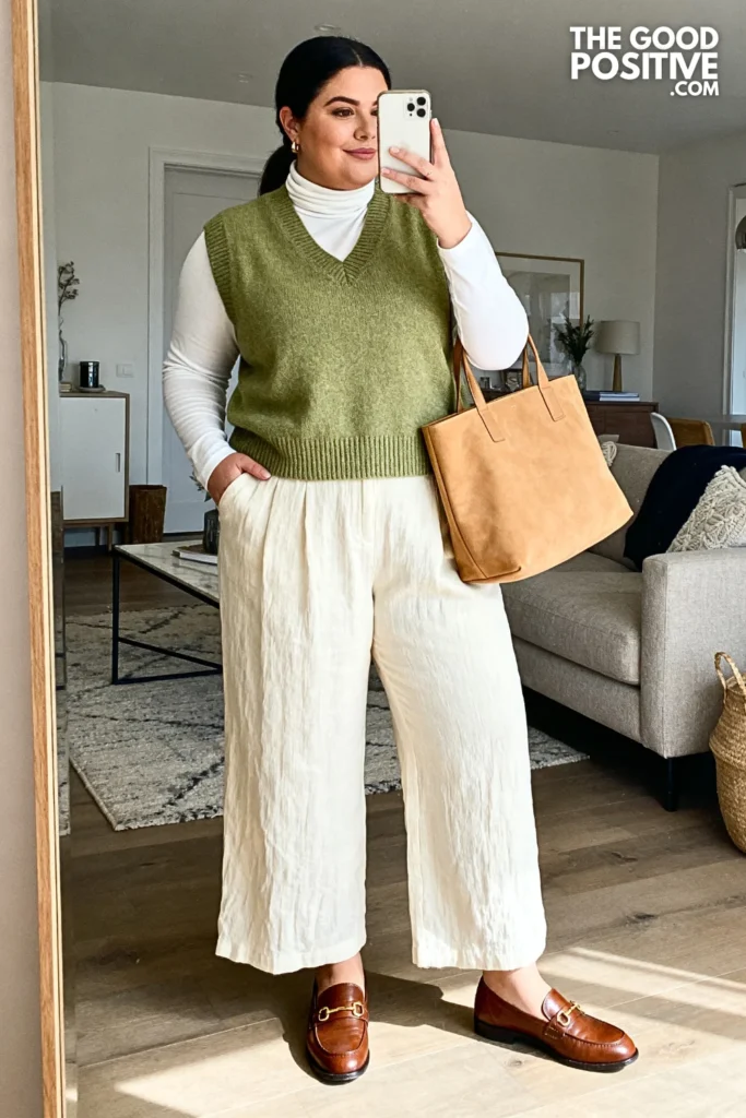 Plus Size Wide-Leg Linen Pants with Sweater Vest Outfit