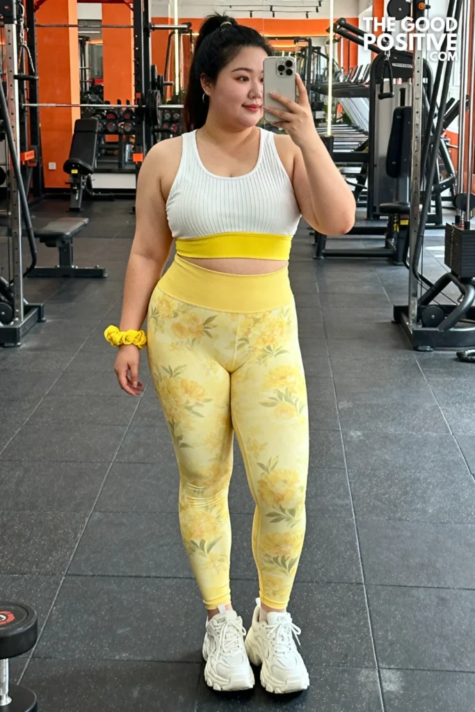 Plus Size Yellow Printed Leggings & White Racerback Tank Outfit