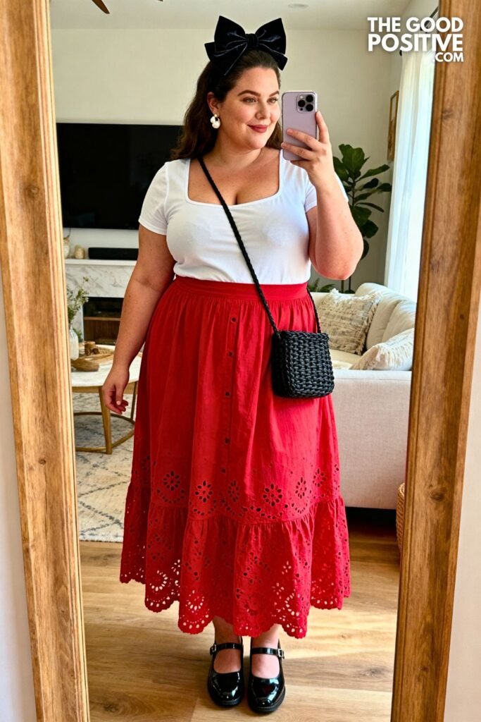Poppy Red Eyelet Maxi Skirt With White Square Neck Tee