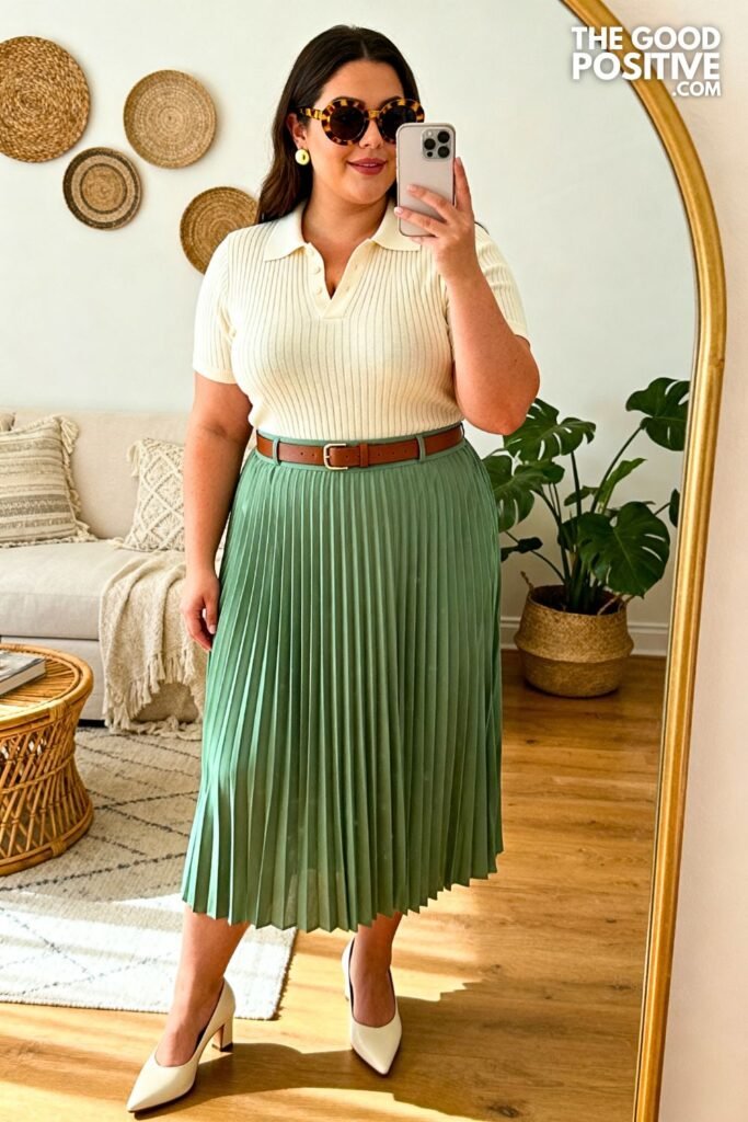 Sage Green Pleated Midi Skirt With Cream Knit Polo