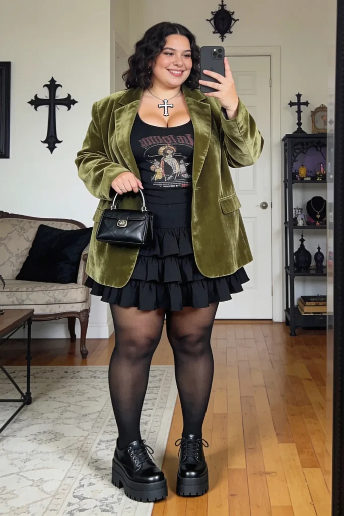 Sage Velvet Blazer With Tiered Ruffle Skirt And Leather Creepers