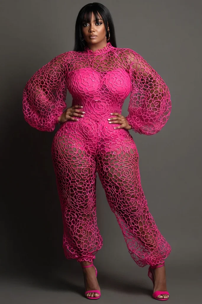 lus Size Valentines Hot Pink Round Neck Long Sleeve Cut Out Jumpsuit