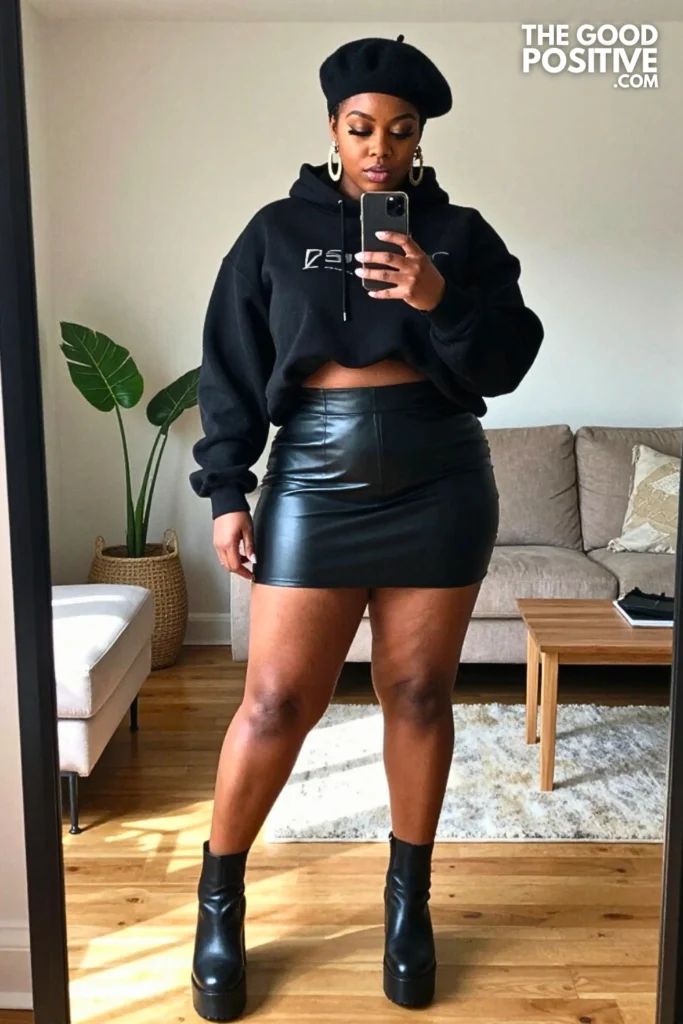 Plus Size Alt Girl Oversized Graphic Hoodie With Micro Mini Skirt Outfit
