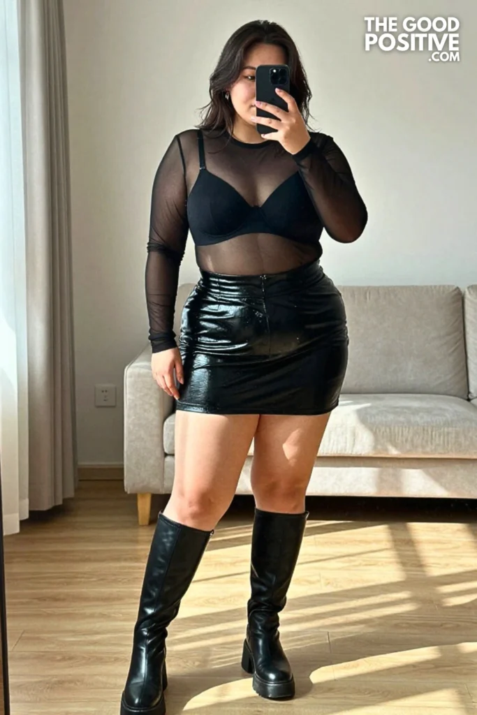 Plus Size Alternative Mesh Top With High-Waist Vinyl Skirt Outfit