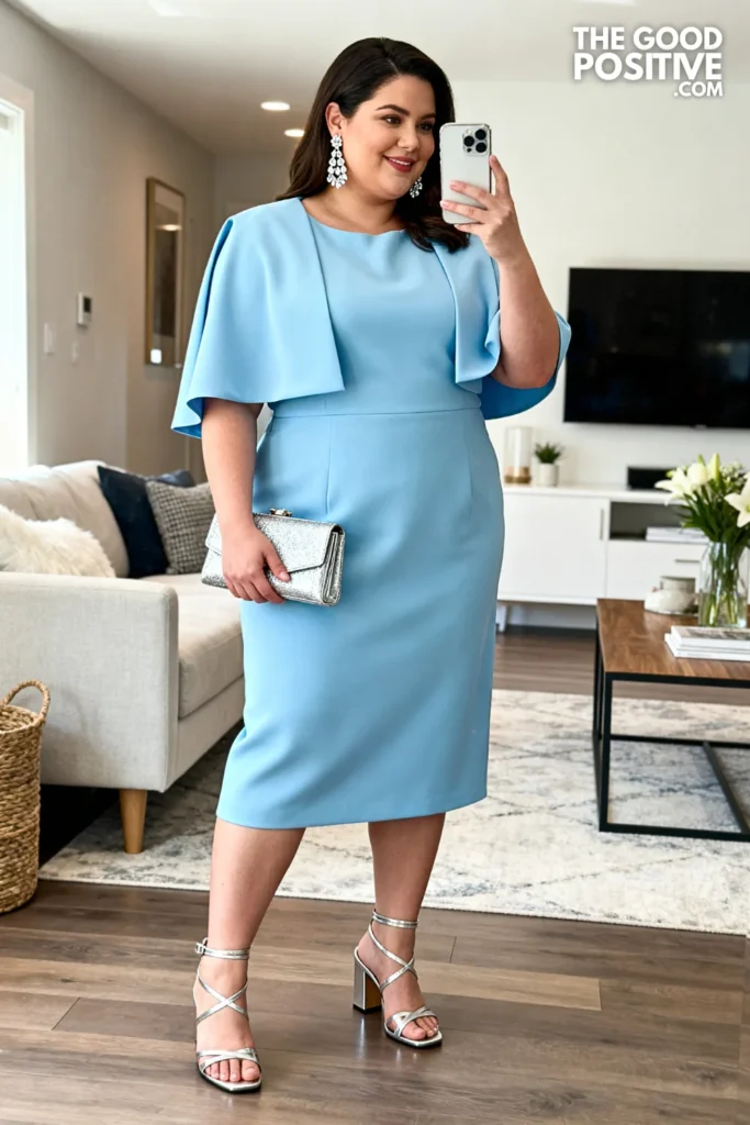 Plus Size Baby Blue Structured Sheath Dress With Matching Cape Church Outfit
