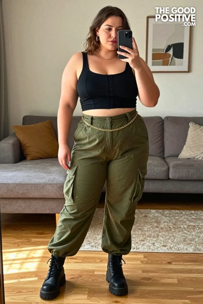 Plus Size Baddie Black Corset Top With Wide-Leg Cargo Pants Outfit